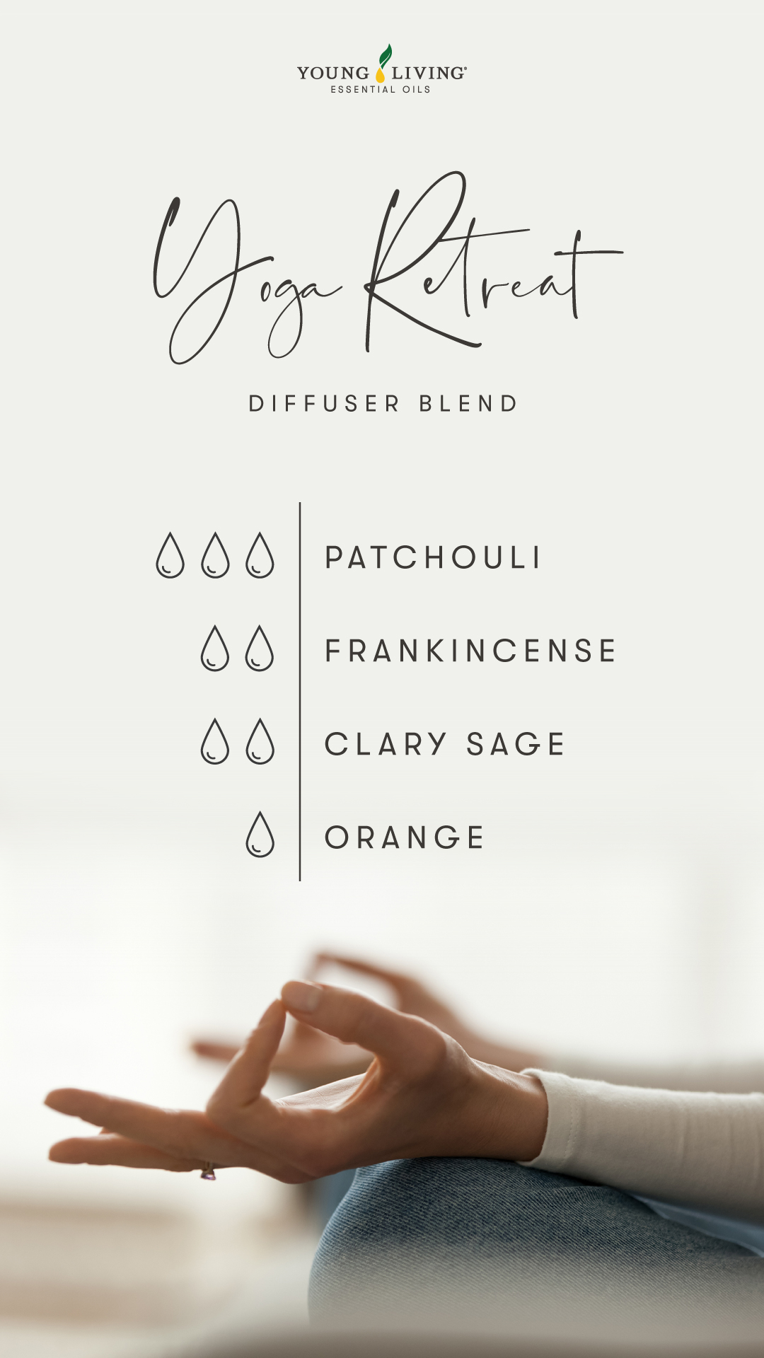 Yoga Retreat Diffuser Blend - 3 drops Patchouli, 2 drops Frankincense, 2 drops Clary Sage, 1 drop Orange 