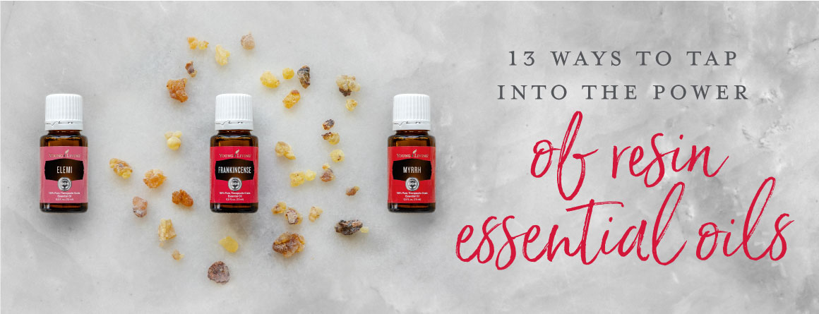 frankincense resin with three bottles of resin essential oils: Frankincense, Myrrh, and Elemi