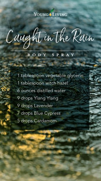 1 tablespoon vegetable glycerin, 1 tablespoon witch hazel, 6 ounces distilled water, 9 drops Ylang Ylang, 9 drops Lavender, 7 drops Blue Cypress, 5 drops Cardamom