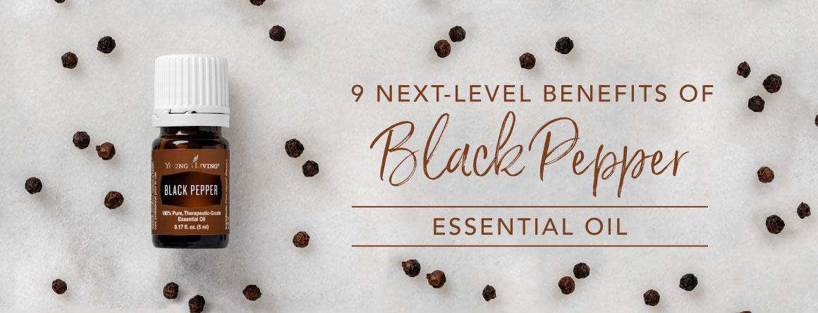 9 next-level benefits of Black Pepper essential oil text by bottle of black pepper essential oil surrounded by scattered peppercorns