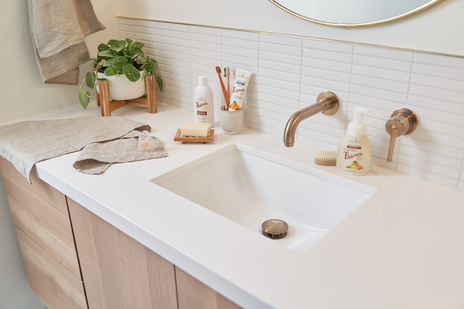 Clean bathroom with young living products