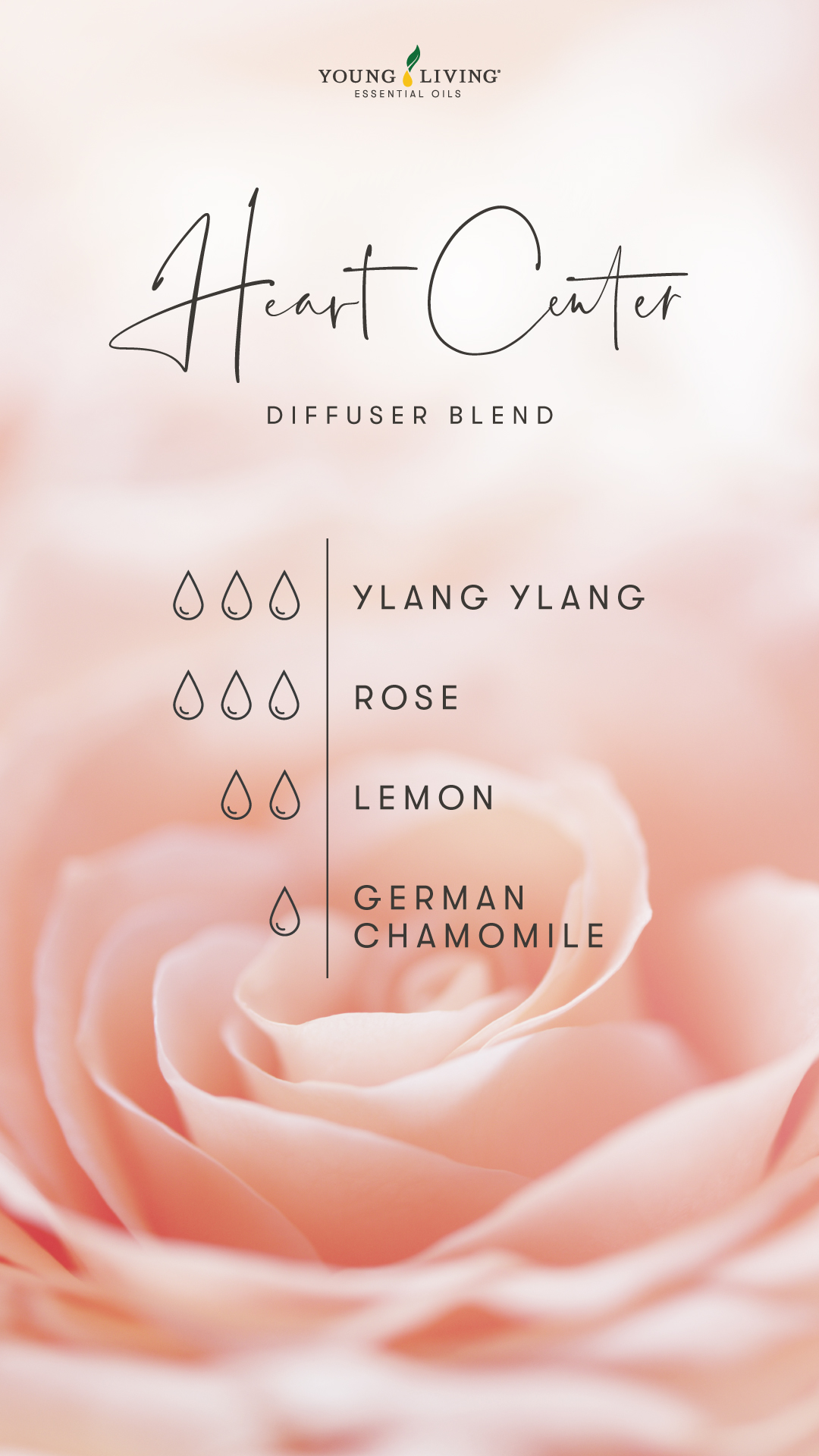Heart Center Diffuser Blend - 3 drops Ylang Ylang, 3 drops Rose, 2 drops Lemon, 1 drop German Chamomile 