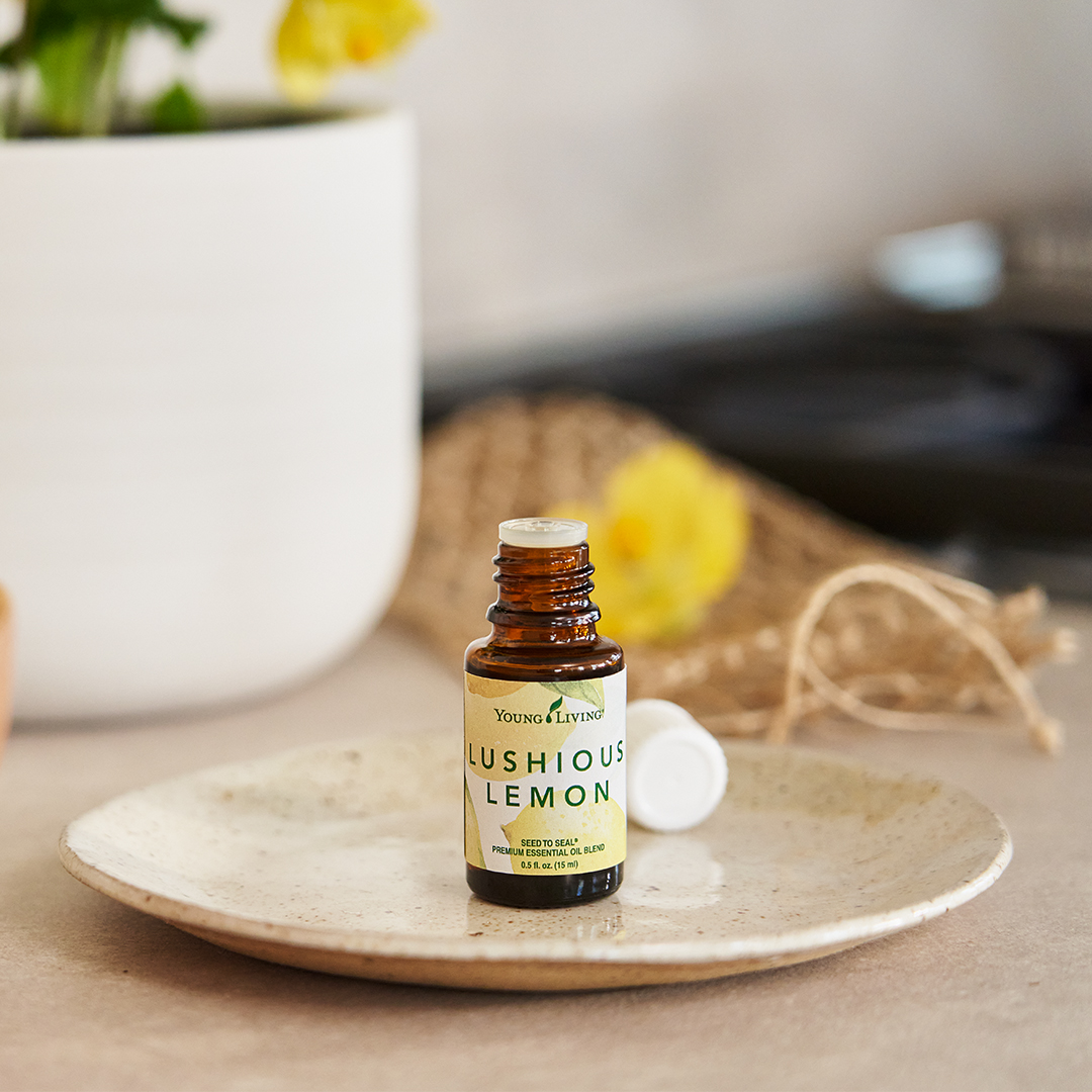 Lushious Lemon Essential Oil sitting on a dish - Young Living Lavender Life Blog 