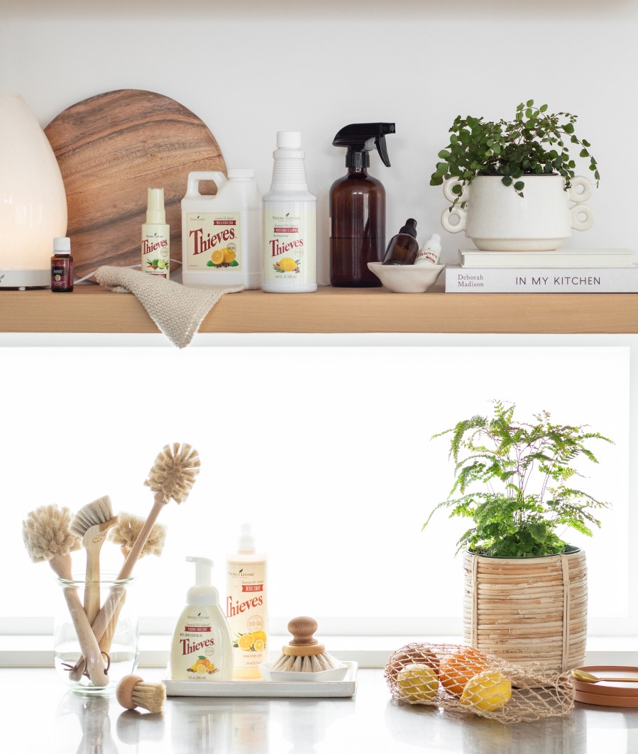 Thieves home products on countertop and shelf - Young Living Lavender Life Blog 