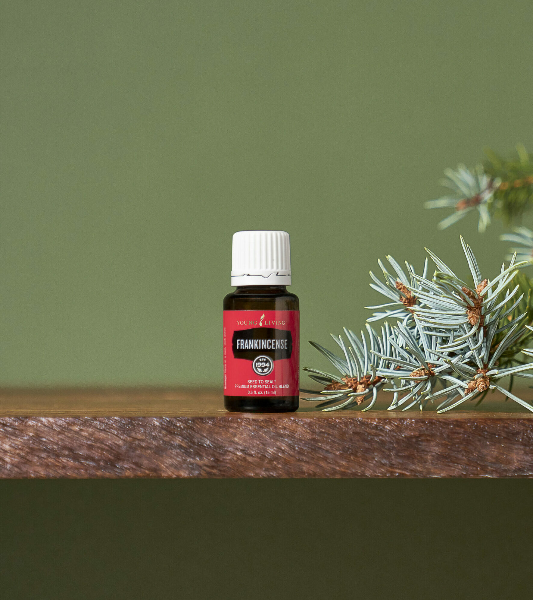 Frankincense Essential Oil sitting on shelf next to tree branch - Young Living Lavender Life Blog 