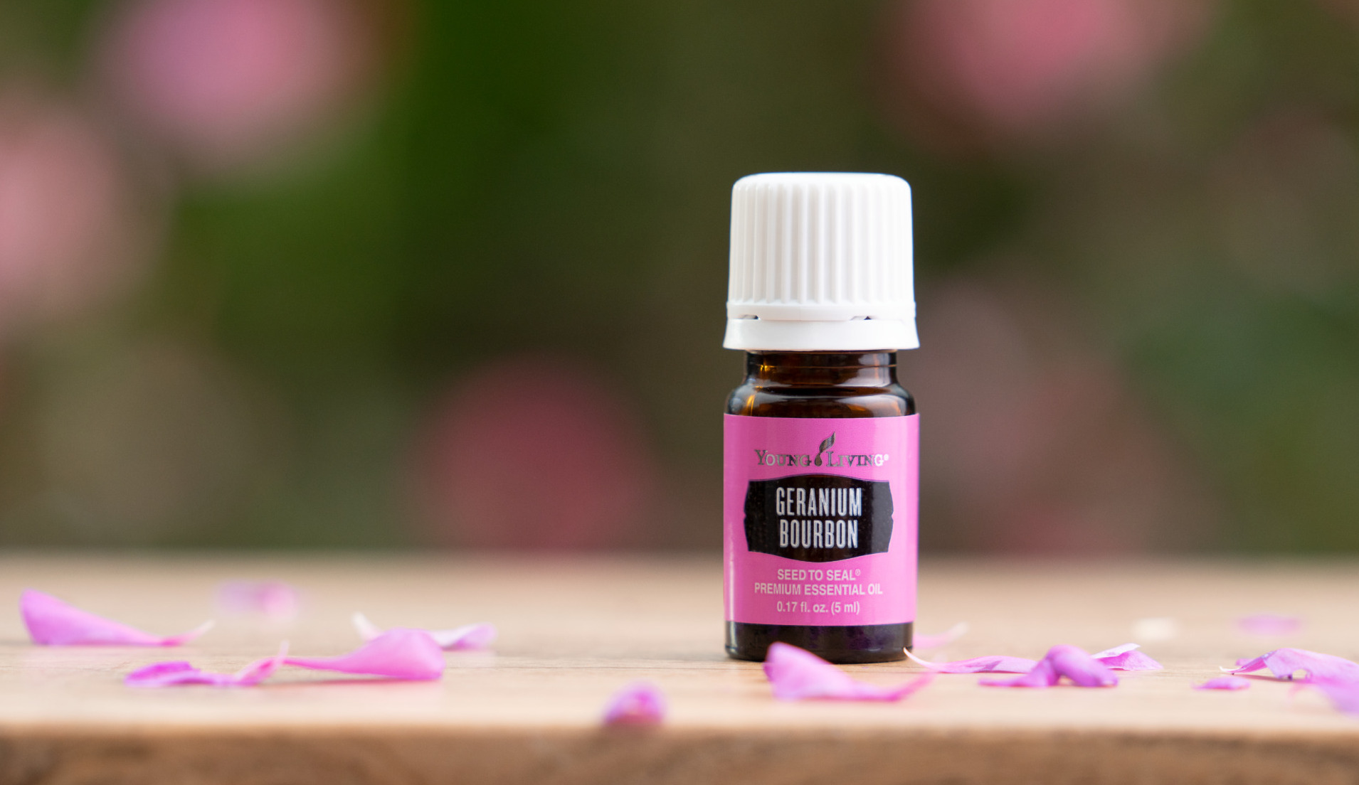 Geranium Bourbon Essential Oil sitting next to flower petals - Young Living Lavender Life Blog 